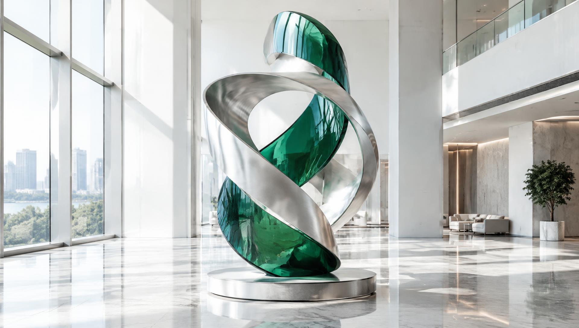 Emerald and silver sculpture in a bright corporate atrium